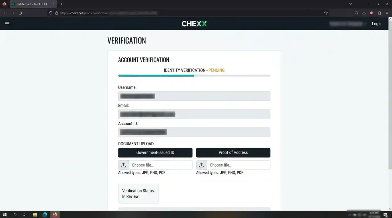 Ảnh chụp giao diện đăng ký hoặc khu vực Verification của CHEXX