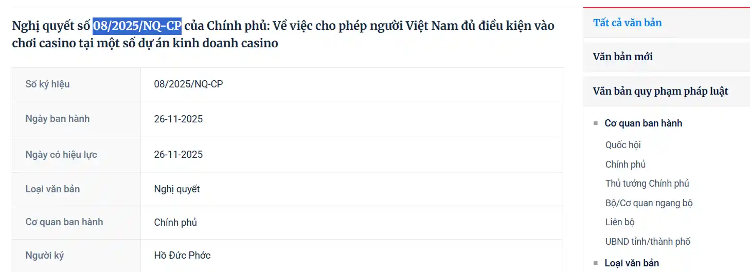 Ảnh chụp văn bản chính thức về quy định casino tại Việt Nam