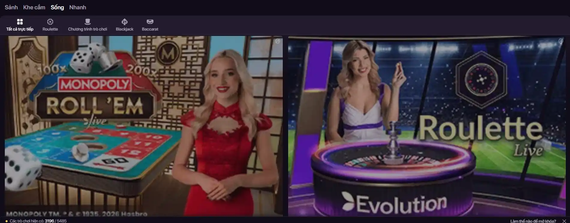 Ảnh chụp live casino lobby CHEXX hiện hành