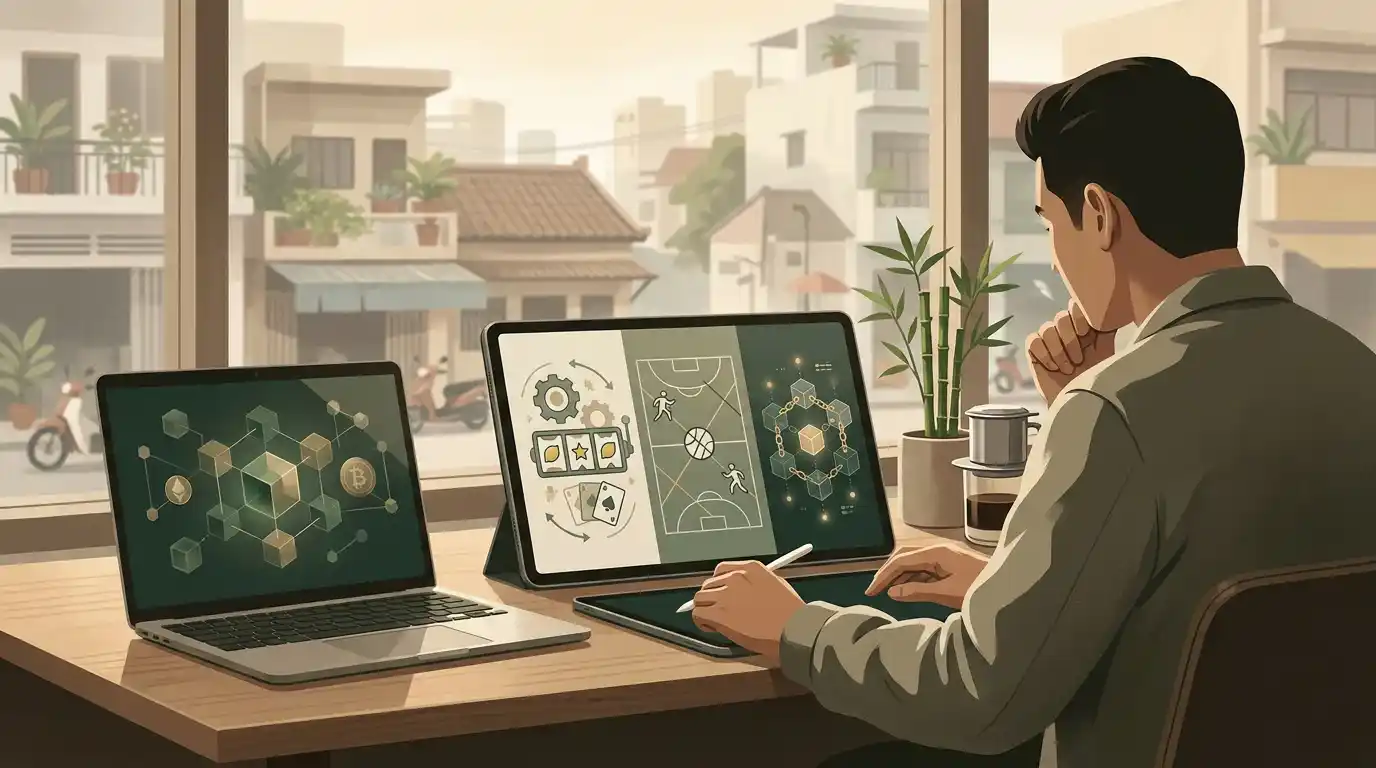 Minh họa editorial về casino crypto, thể thao và người dùng tại Việt Nam